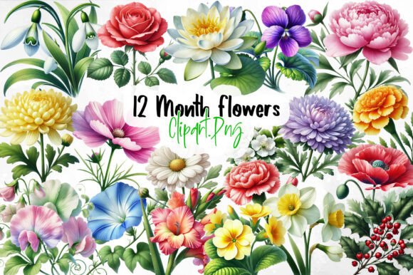 Download 12 Month Flowers, Birth Flower Clipart - Month flower Collection