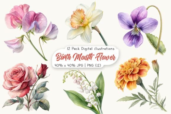 Download Watercolor Birth Month Flower Clipart - Month flower Collection