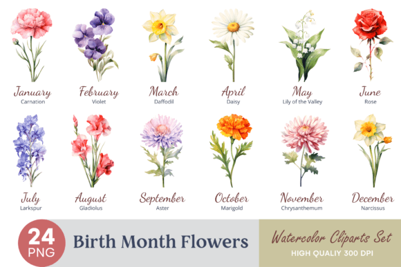 Download Birth Month Flower Watercolor Clipart - Month flower Collection